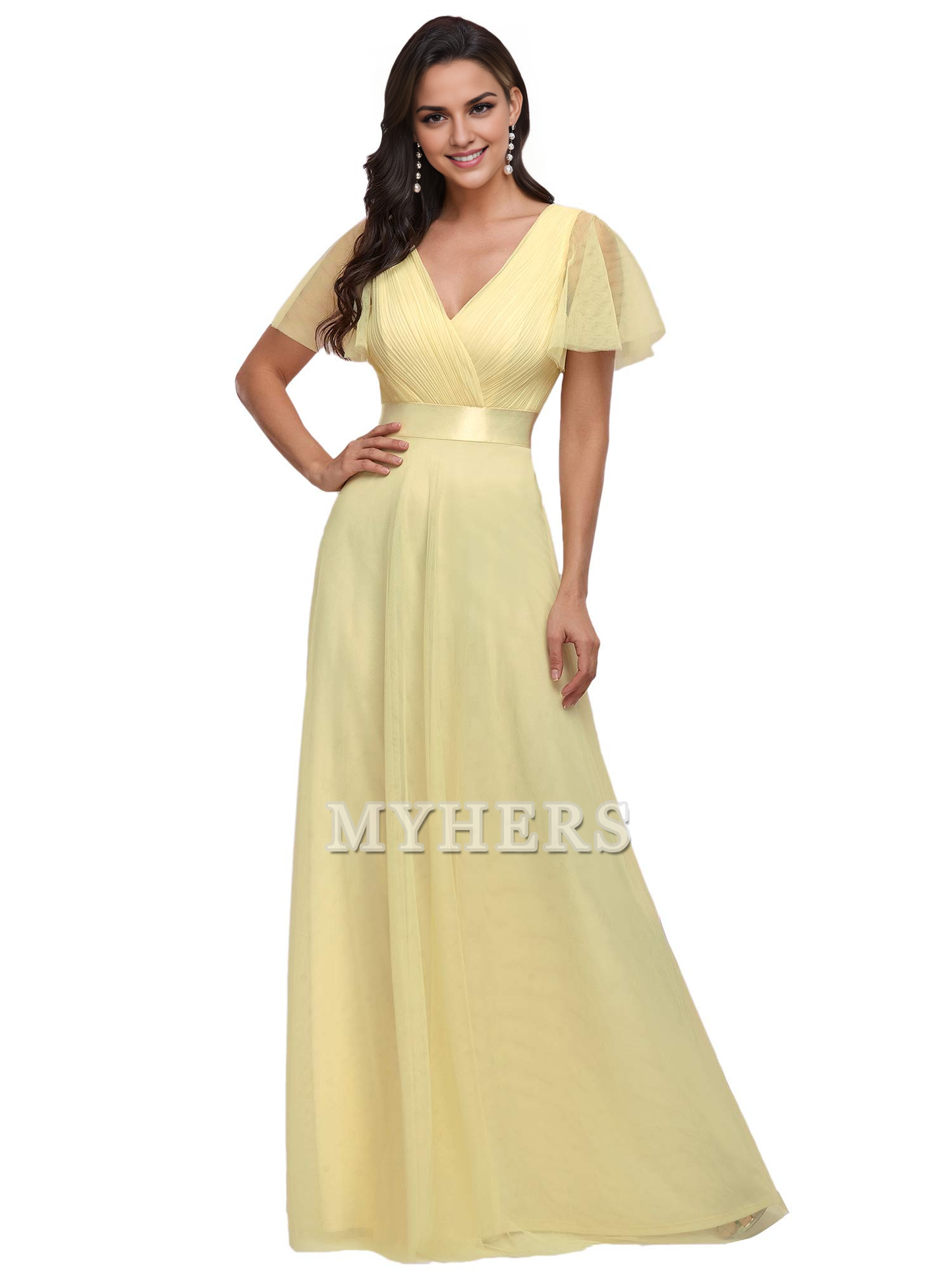 Pleated V-Neck Empire Waist Front Wrap Romantic Tulle Elegant Bridesmaid Dresses Wedding Guests Dresses
