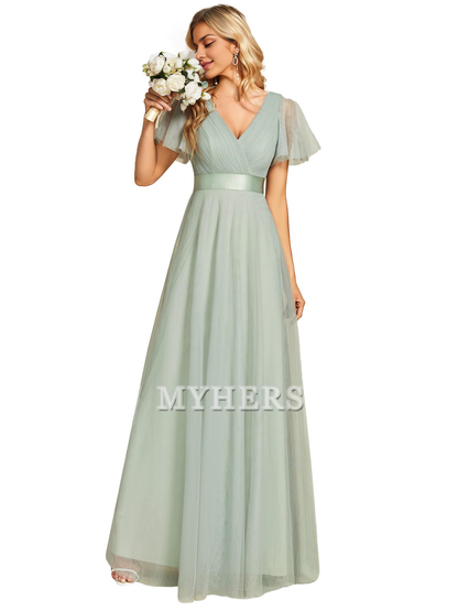 Pleated V-Neck Empire Waist Front Wrap Romantic Tulle Elegant Bridesmaid Dresses Wedding Guests Dresses
