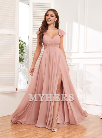 Elegant Ruffle Chiffon Side Fork Pleated Backless Charming Bridesmaid Dresses Wedding Guests Dresses