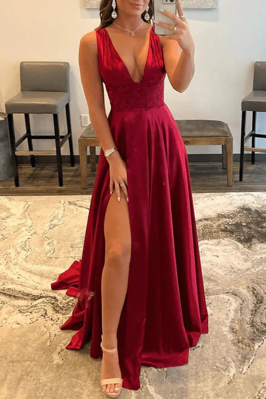 Formal Wear Dresses Wedding Guest Dresses Deep V Neck Lace Long Prom Dress Backless High Fork Temperament Evening Dress