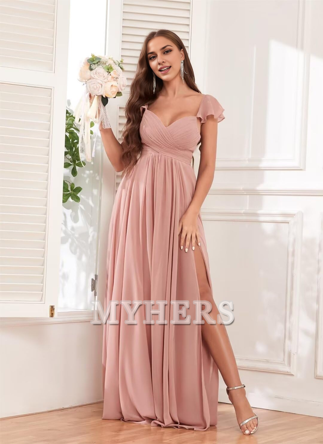 Elegant Ruffle Chiffon Side Fork Pleated Backless Charming Bridesmaid Dresses Wedding Guests Dresses