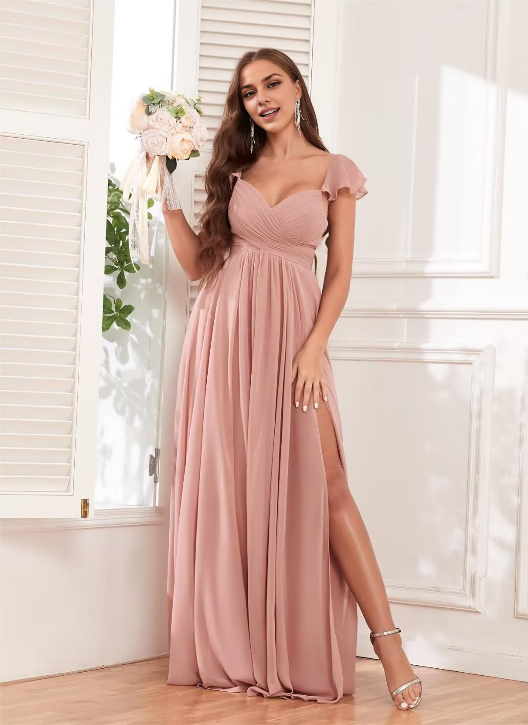 Elegant Ruffle Chiffon Side Fork Pleated Backless Charming Bridesmaid Dresses Wedding Guests Dresses