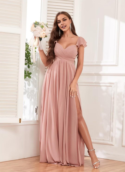 Elegant Ruffle Chiffon Side Fork Pleated Backless Charming Bridesmaid Dresses Wedding Guests Dresses