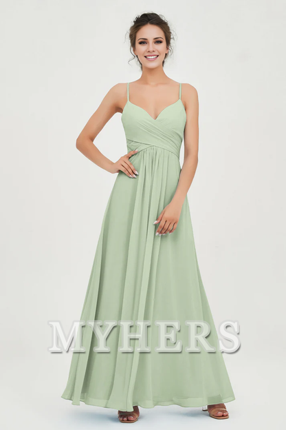 MY HERS Chiffon A-Line Spaghetti Strap Sweetheart Pleated Crossed Straps Floor-Length Elegant Simple Dresse Bridesmaid Dresses Wedding Guests Dresses