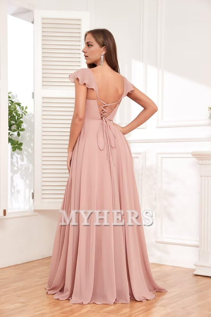Elegant Ruffle Chiffon Side Fork Pleated Backless Charming Bridesmaid Dresses Wedding Guests Dresses