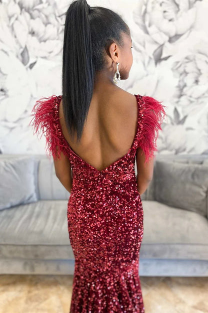 Sequin Feather Straps Mermaid Long Prom Dress