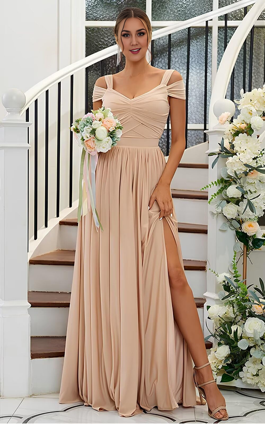 Elegant A Line Off The Shoulder Pleated Side Fork Chiffon Bridesmaid Dresses Wedding Guests Dresses