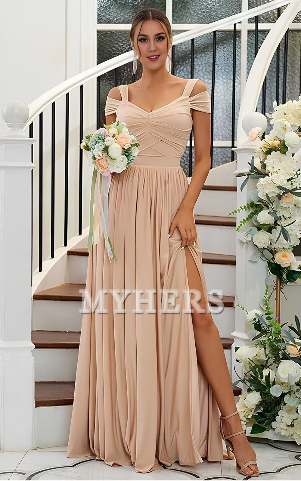 Elegant A Line Off The Shoulder Pleated Side Fork Chiffon Bridesmaid Dresses Wedding Guests Dresses