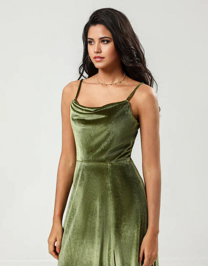 Velvet A Line Green Spaghetti Strap Bridesmaid Dress with Slit