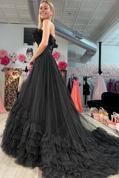 Organza Strapless Belted A-Line Tiered Prom Dress with Ruffles