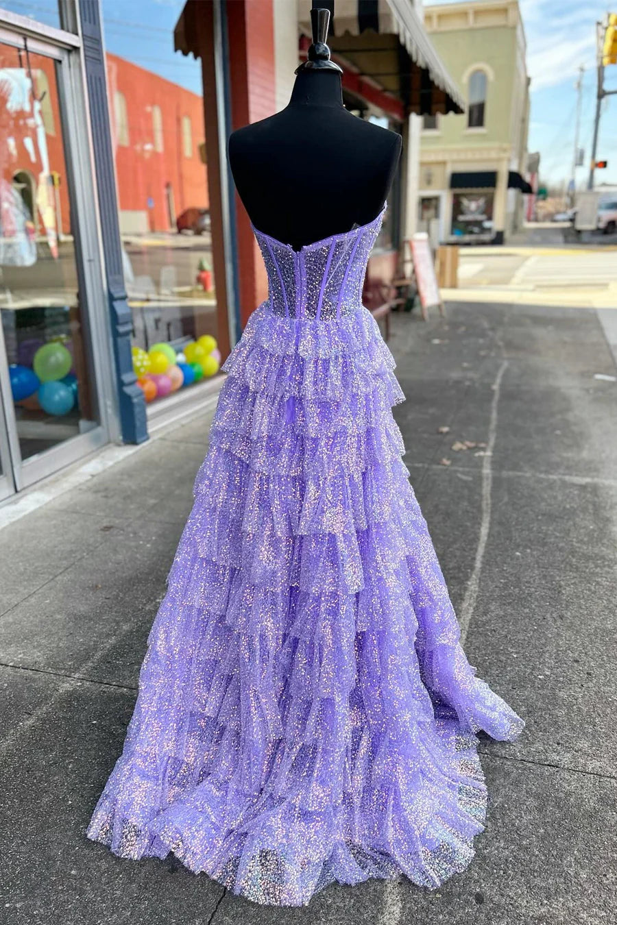 Glitter Tulle Corset Ruffle Tiered Long Prom Dress with Slit