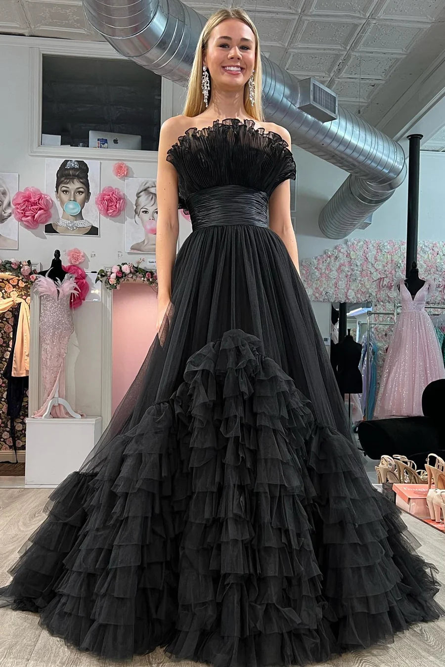 Organza Strapless Belted A-Line Tiered Prom Dress with Ruffles