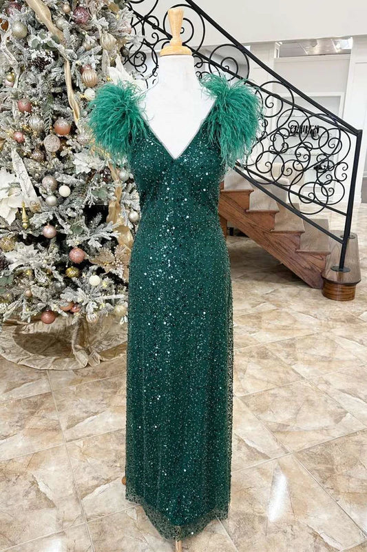 Sequin Feather V-Neck Long Formal Dress