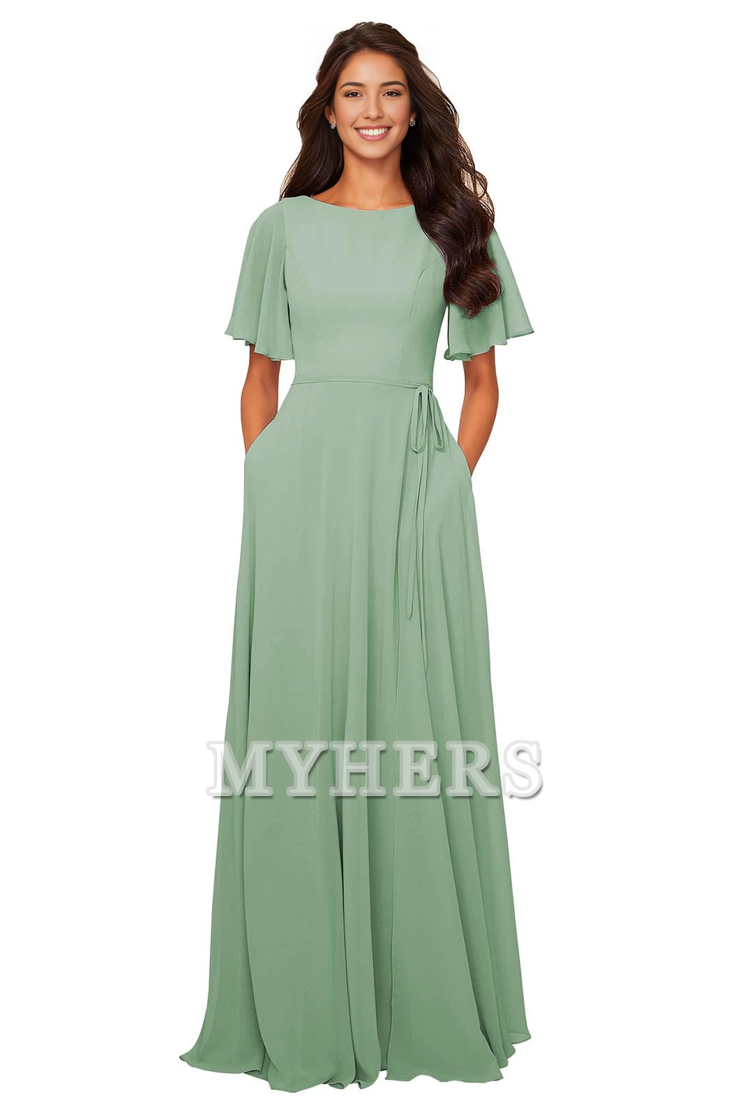 Chiffon Modest A Line Bateau Neck Flutter Sleeve Elegant Bridesmaid Dresses Wedding Guests Dresses