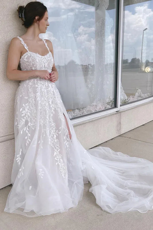 Bohemain A Line Spaghetti Strap Sweetheart Tulle Wedding Dresses with Appliques
