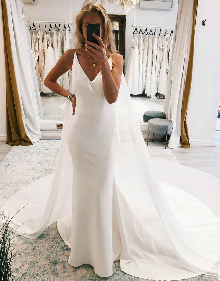 Watteau Train Boho Long Mermaid Wedding Dress