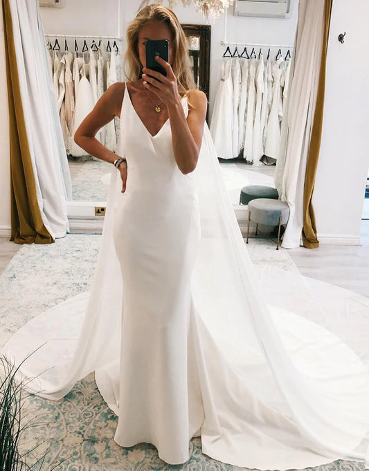 Watteau Train Boho Long Mermaid Wedding Dress