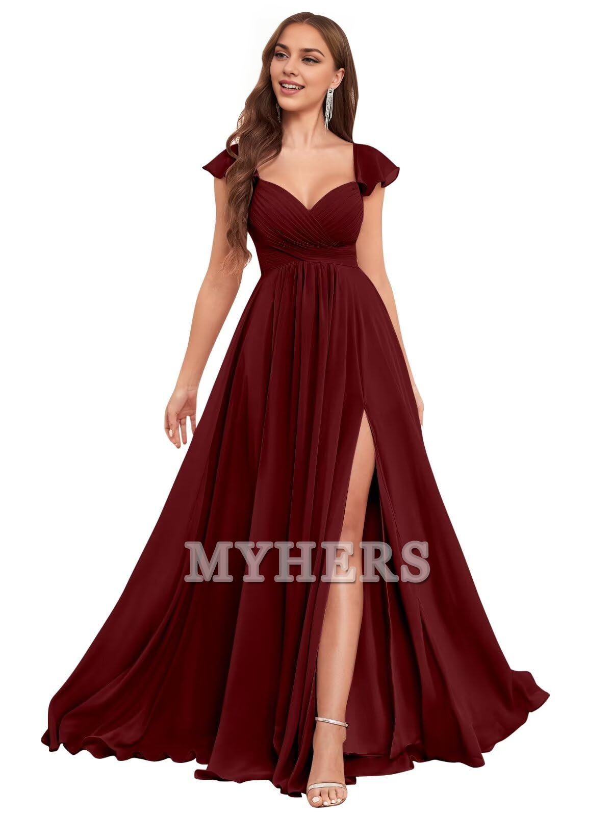 Elegant Ruffle Chiffon Side Fork Pleated Backless Charming Bridesmaid Dresses Wedding Guests Dresses