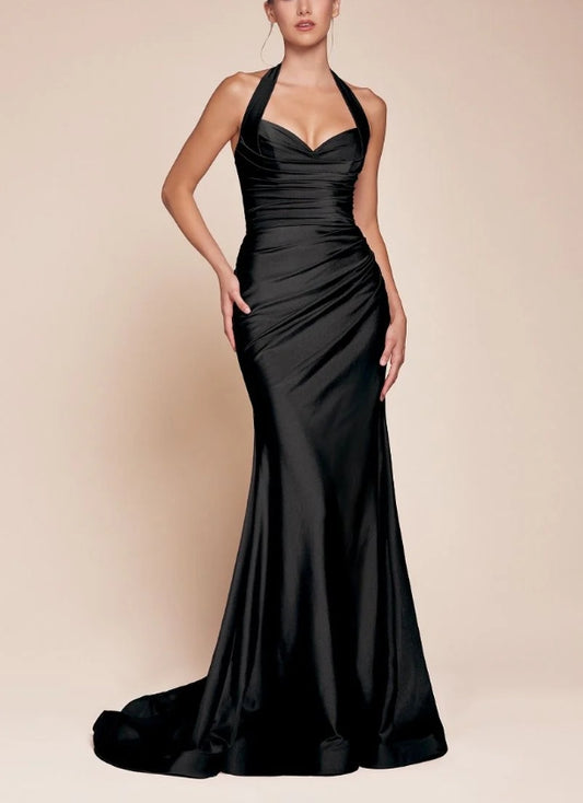 Wedding Guest Dress Mermaid Cultivate oneself Ruched halter bodice Black Formal Dress Evening Dress