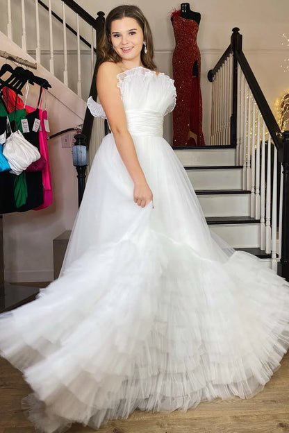Organza Strapless Belted A-Line Tiered Prom Dress with Ruffles