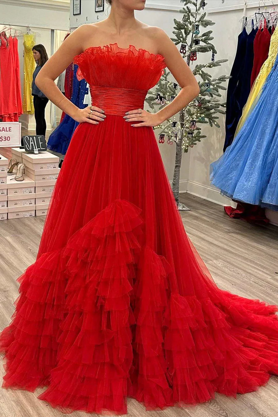 Organza Strapless Belted A-Line Tiered Prom Dress with Ruffles