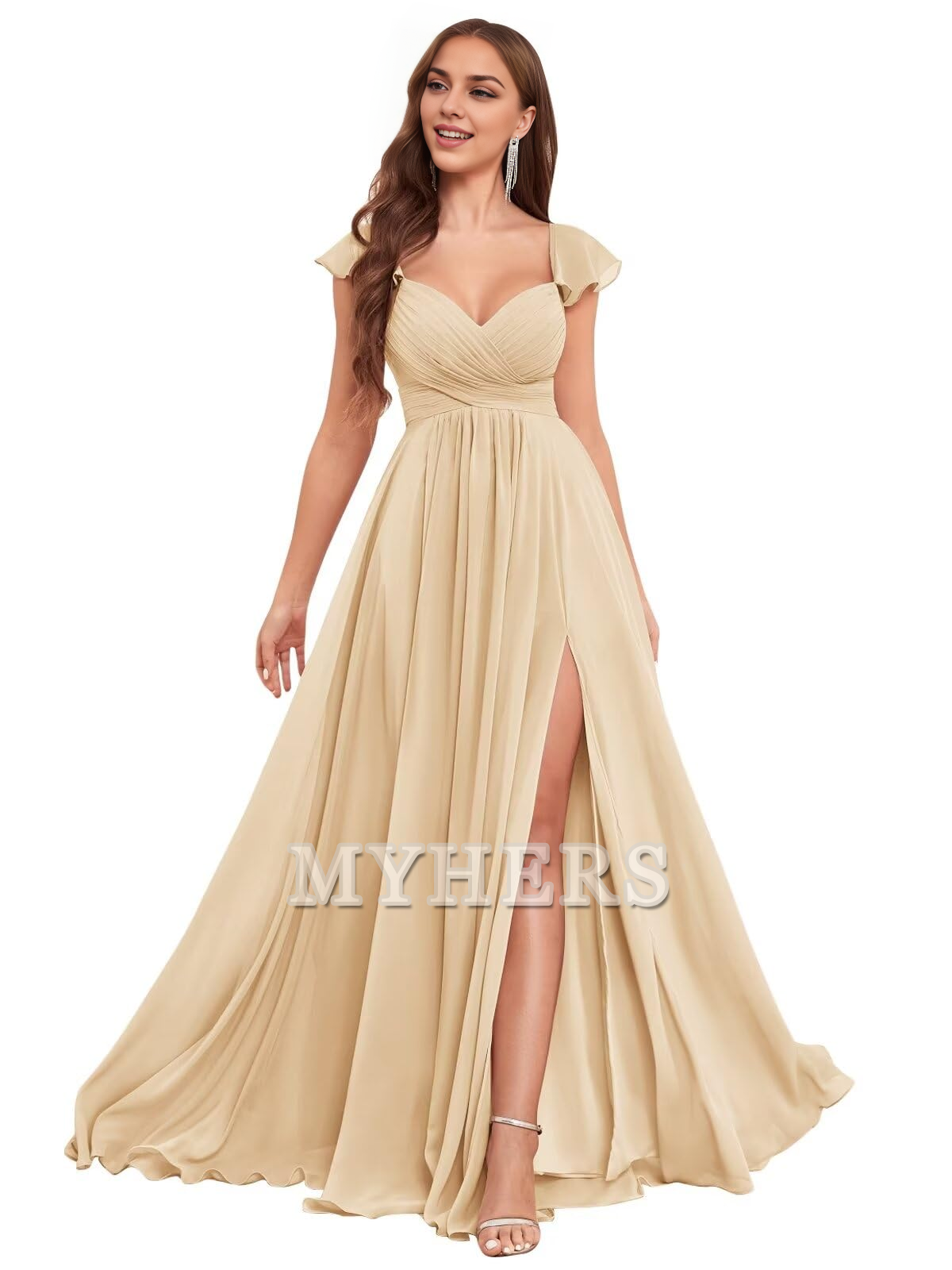 Elegant Ruffle Chiffon Side Fork Pleated Backless Charming Bridesmaid Dresses Wedding Guests Dresses