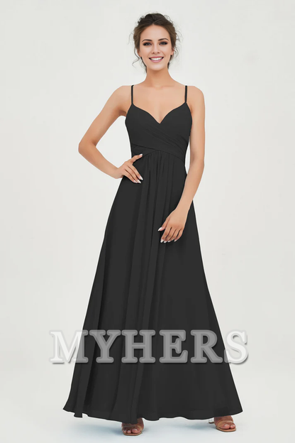 MY HERS Chiffon A-Line Spaghetti Strap Sweetheart Pleated Crossed Straps Floor-Length Elegant Simple Dresse Bridesmaid Dresses Wedding Guests Dresses
