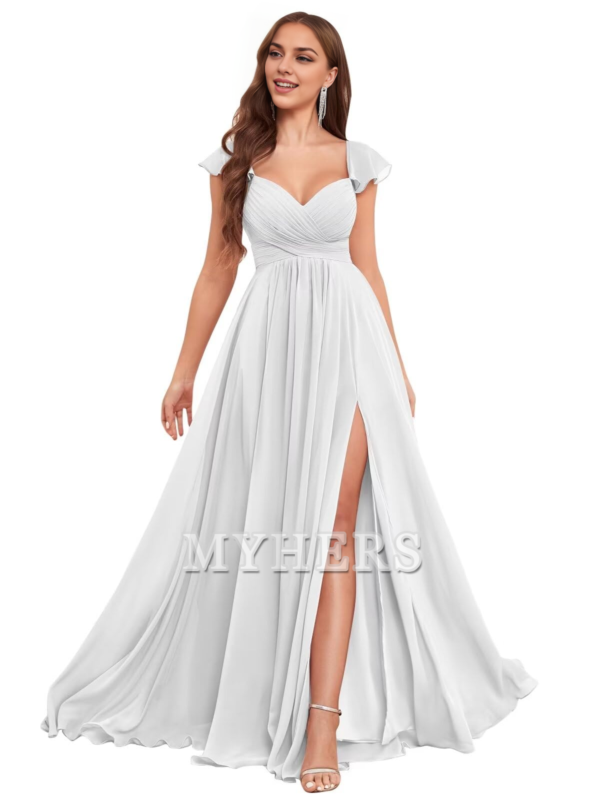 Elegant Ruffle Chiffon Side Fork Pleated Backless Charming Bridesmaid Dresses Wedding Guests Dresses