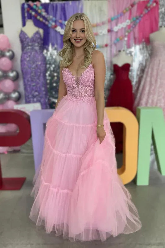 A-Line Spaghetti Straps Pink Spaghetti Strap Tulle Lace-Up Back Long Prom Dress with Appliques