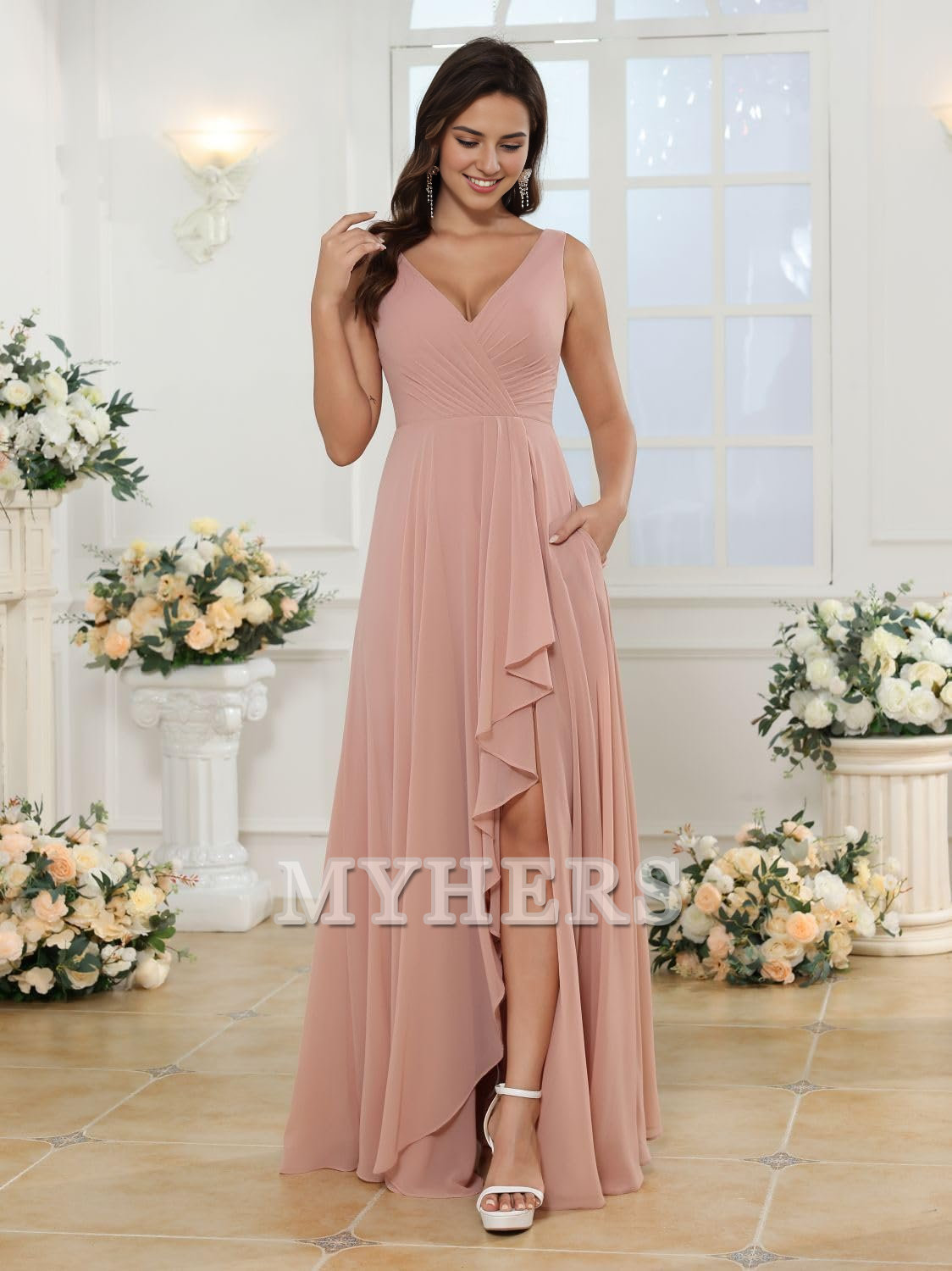 A-line V Neck Chiffon Ruched Side Fork Elegant Simple Bridesmaid Dresses Wedding Guests Dresses