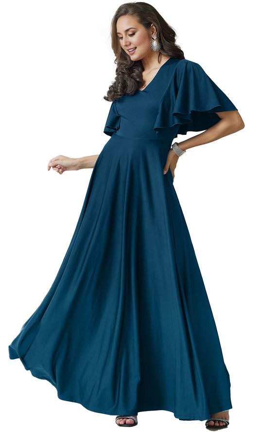 A Line V Neck Flutter Sleeve Long Elegant Bridesmaid Dresses Wedding Guests Dresses