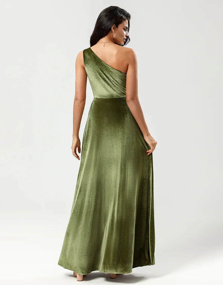 One Shoulder A Line Velvet Green Bridesmaid Dress with Slit