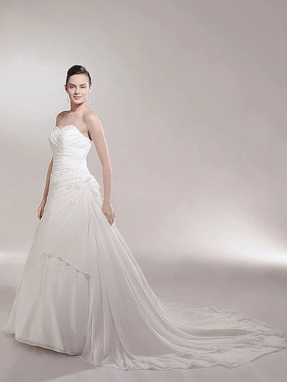 Princess A-Line Wedding Dresses Sweetheart Neckline Strapless Cathedral Train Chiffon Sleeveless