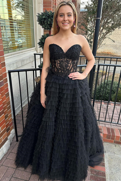 Appliques Sweetheart Ruffle Tiered A-Line Prom Dress