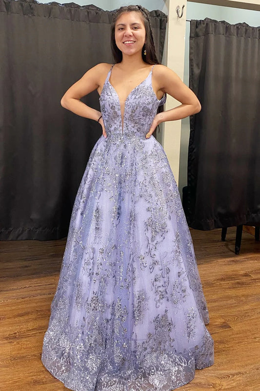 Tulle Sequin Plunge V A-Line Long Prom Dress