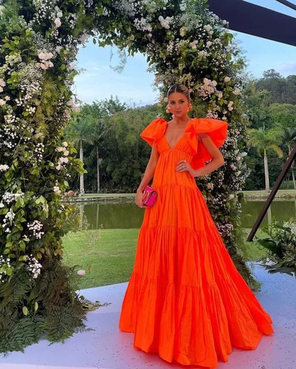 My Hers Prom Dress A-Line Deep V Neck Short Sleeves Pleated Long Exquisite Fashion Ladies Formal Dress