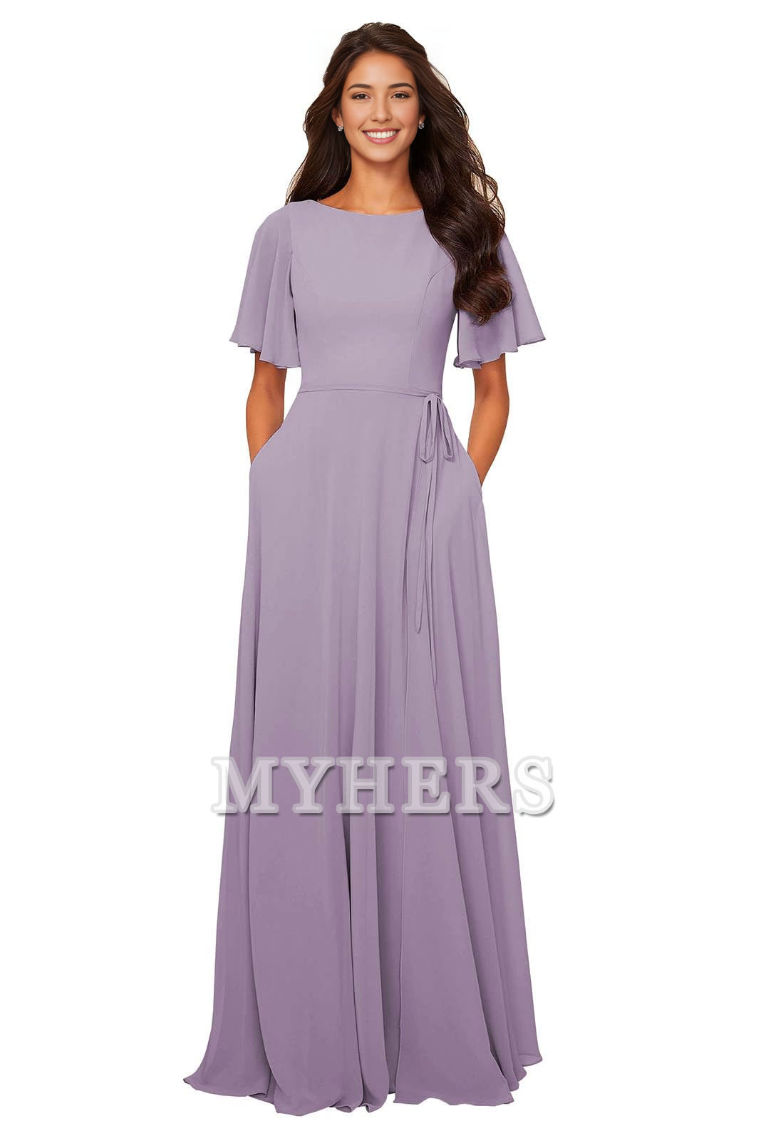 Chiffon Modest A Line Bateau Neck Flutter Sleeve Elegant Bridesmaid Dresses Wedding Guests Dresses