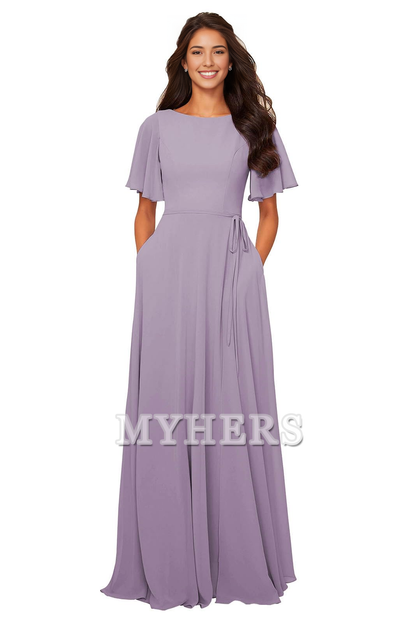Chiffon Modest A Line Bateau Neck Flutter Sleeve Elegant Bridesmaid Dresses Wedding Guests Dresses