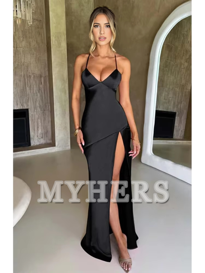 Bandage Backless Elegant Dress Side Fork Spaghetti Strap Slim Cocktail Party Club Fashion Satin Solid Lace-Up Long Dresses Evening Dress Formal Women's Dresses