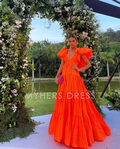 My Hers Prom Dress A-Line Deep V Neck Short Sleeves Pleated Long Exquisite Fashion Ladies Formal Dress