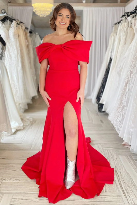 Formal Wear Dresses Wedding Guest Dresses Off-the-Shoulder Bow Mermaid Cultivate oneself Gown with Slit Elegant Exquisite Evening Dress