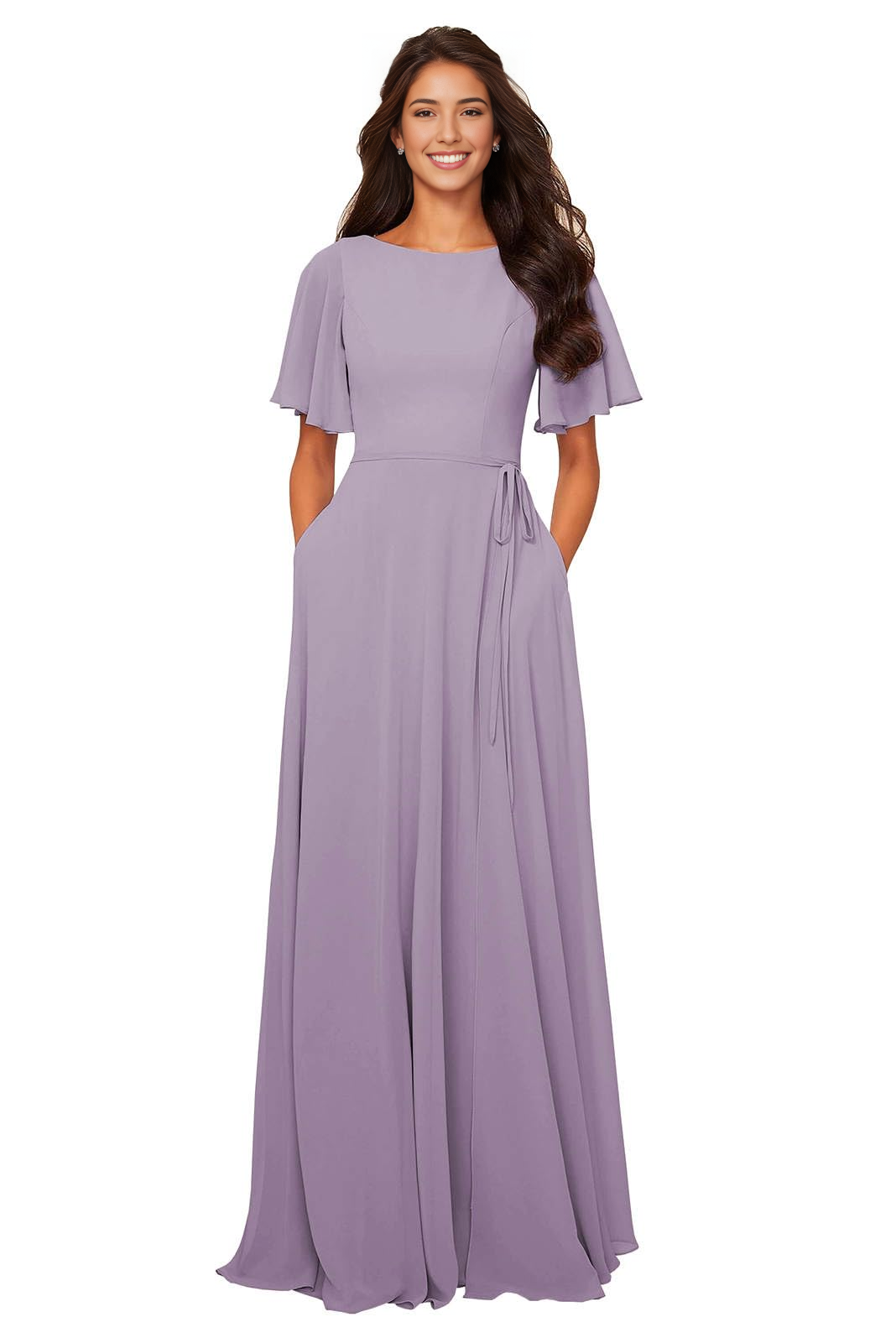 Chiffon Modest A Line Bateau Neck Flutter Sleeve Elegant Bridesmaid Dresses Wedding Guests Dresses