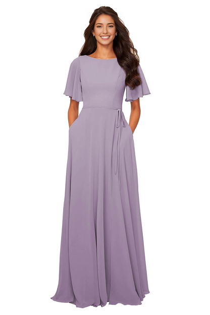 Chiffon Modest A Line Bateau Neck Flutter Sleeve Elegant Bridesmaid Dresses Wedding Guests Dresses