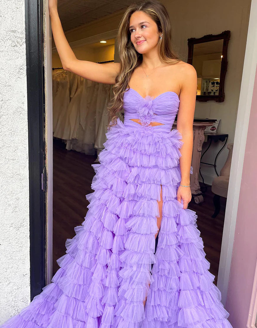 A-Line Off The Shoulder Keyhole Ruffle Tiered Long Prom Dress
