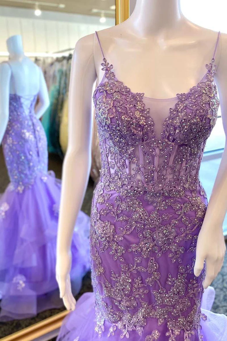 Floral Applique Lace-Up Back Trumpet Long Prom Dress