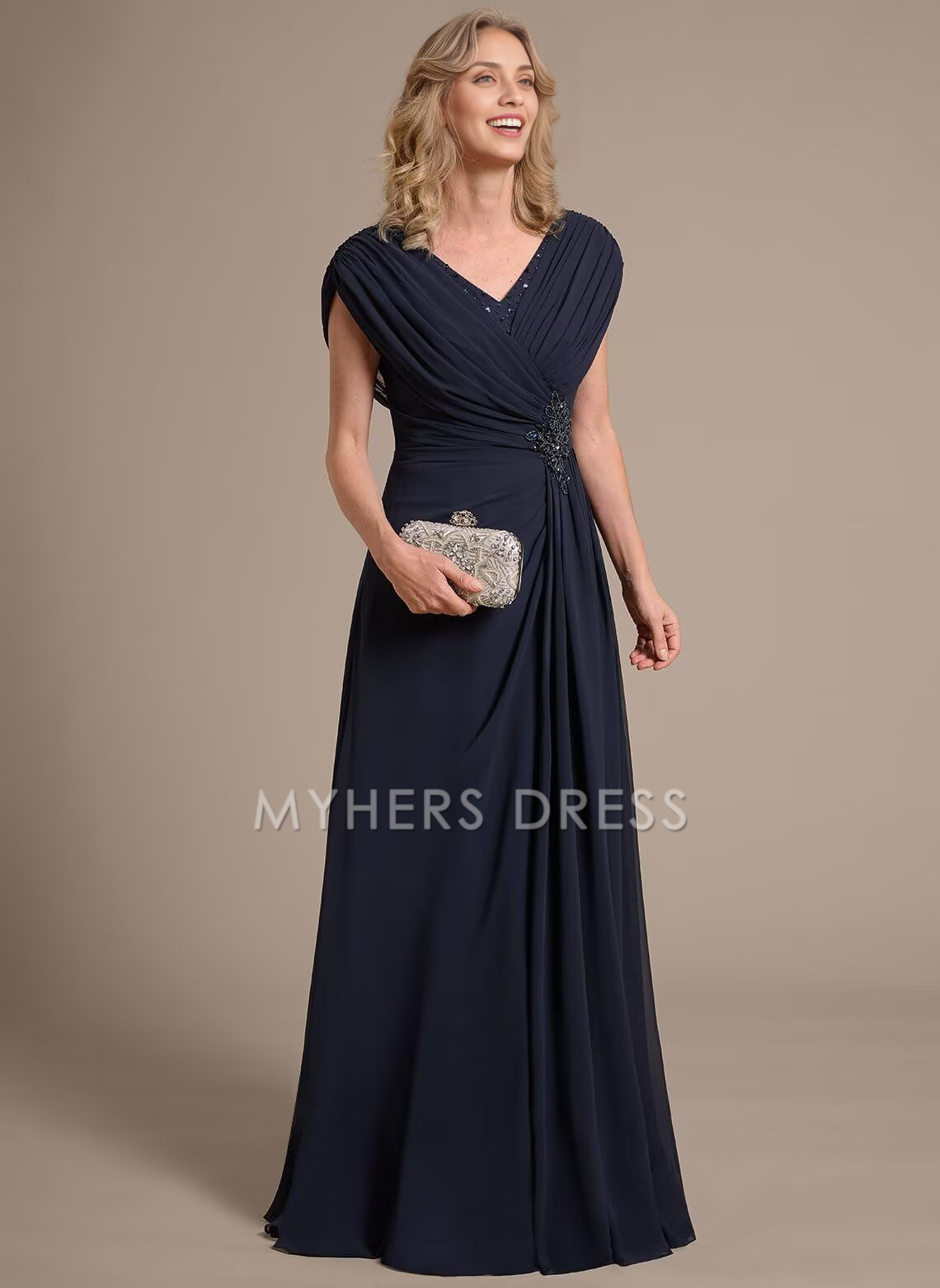 My Hers New Product Mother of The Bride Dress A Line V Neck Chiffon Ruched Long Elegant Fashion Dresses Wedding Guests Dresses