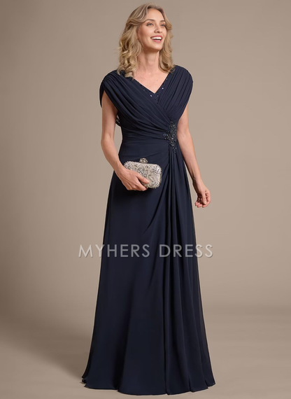 My Hers New Product Mother of The Bride Dress A Line V Neck Chiffon Ruched Long Elegant Fashion Dresses Wedding Guests Dresses