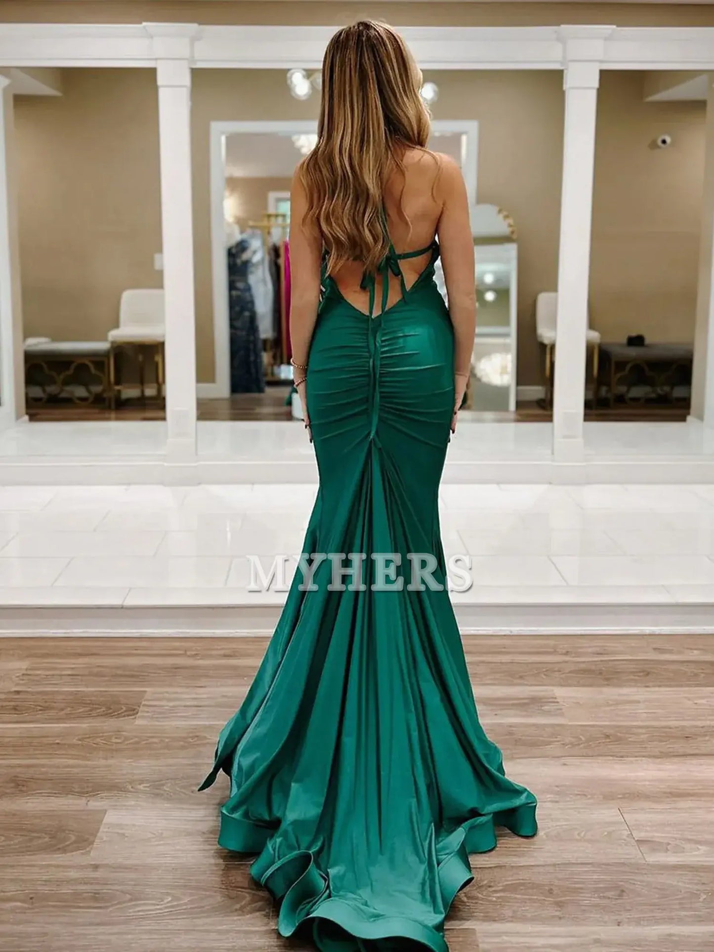 Formal Women's Dresses Wedding Guest Dresses V Neck Mermaid Satin Long Prom Dresses Backless Side Fork Sexy Evening Dress