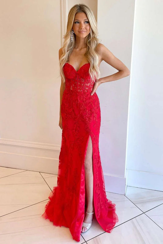 Floral Lace Strapless Mermaid Prom Dress with Slit