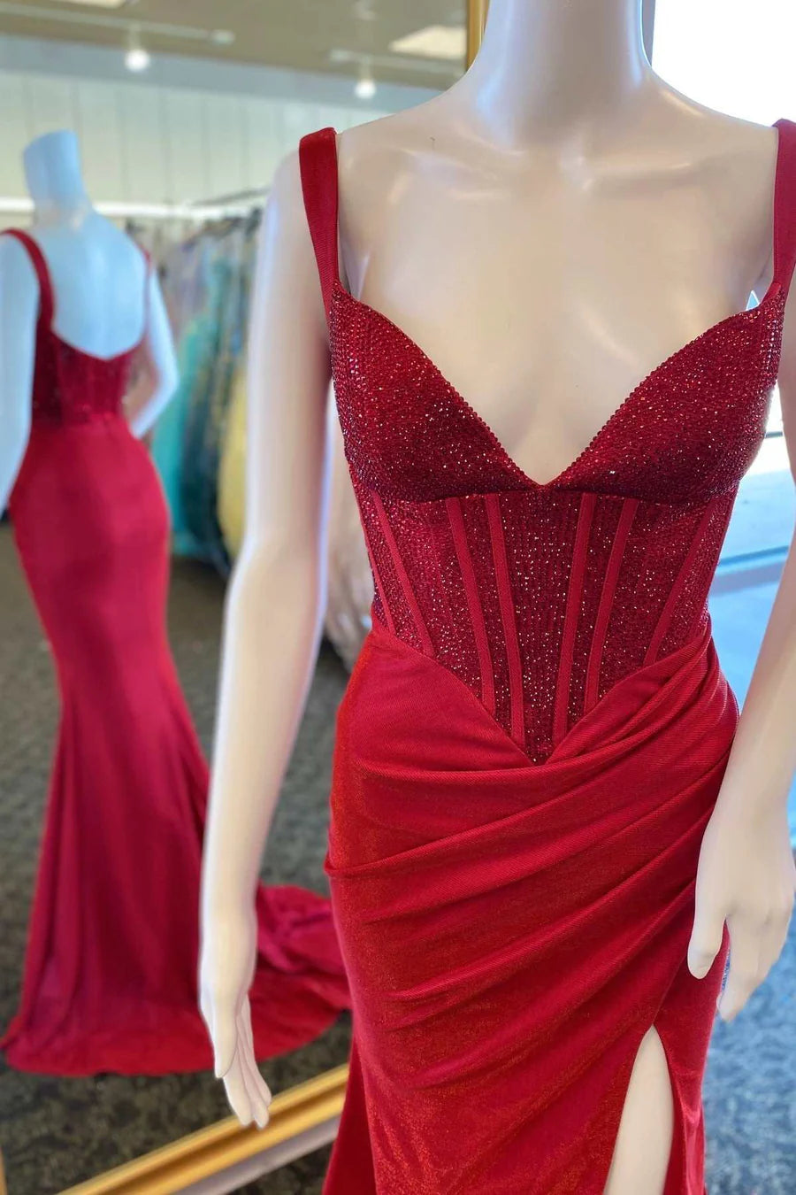 Beaded V-Neck Backless Mermaid Long Prom Dress